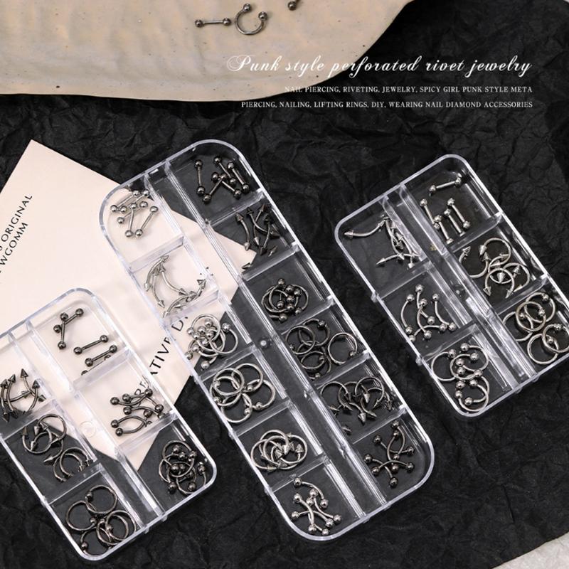 20/30/60Pcs Punk Metal 3D Nail Charms Fingertip Ring Studs Black/Silver Alloy Nail Art Decoration Manicure Supplies Accessories