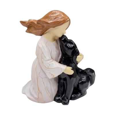 Artistic Carving Girl Cuddling Dog Miniature Figurine Ornament Resin Craft Puppies Figure for Dog Owner Remembrances Gift