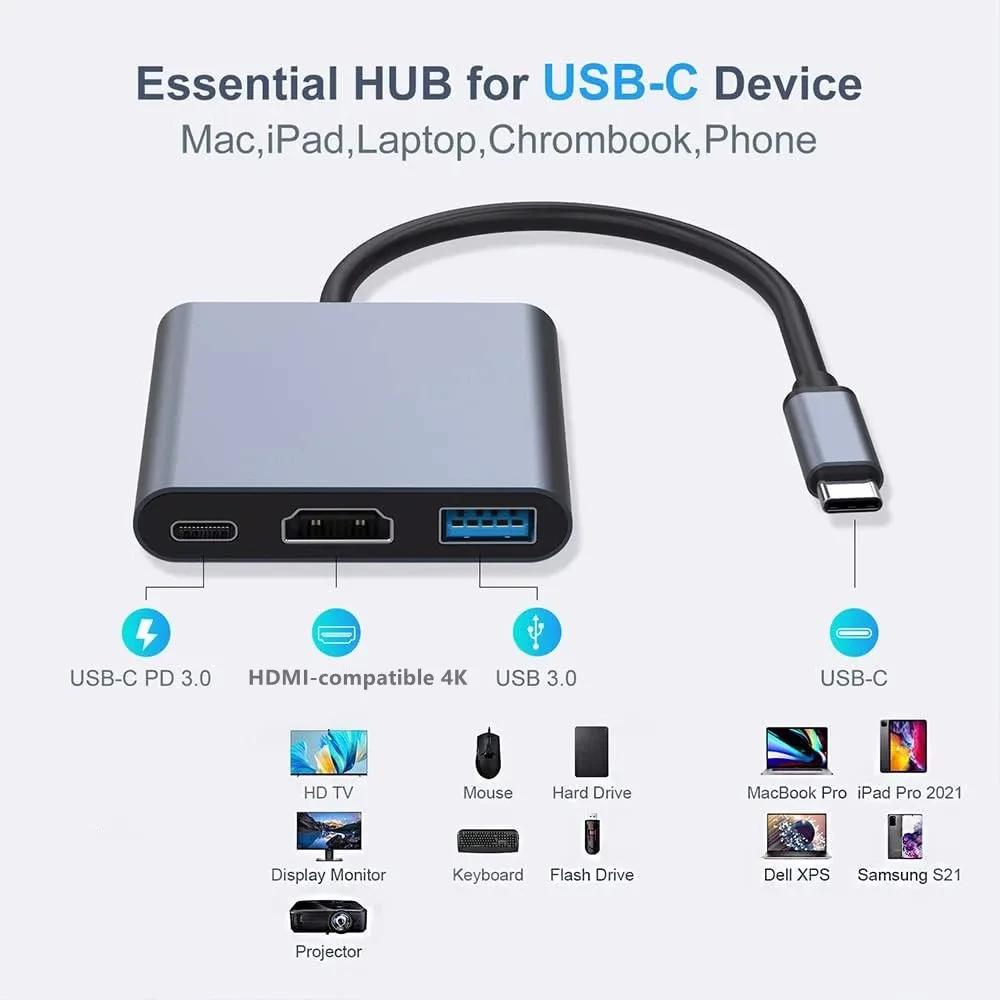 3-in-1 USB C Hub 100W Power USB 3.0 4K HDMI-compatible for MacBook Surface Chrome Steam Deck Stable USB 3.0 USB HUB Adapter