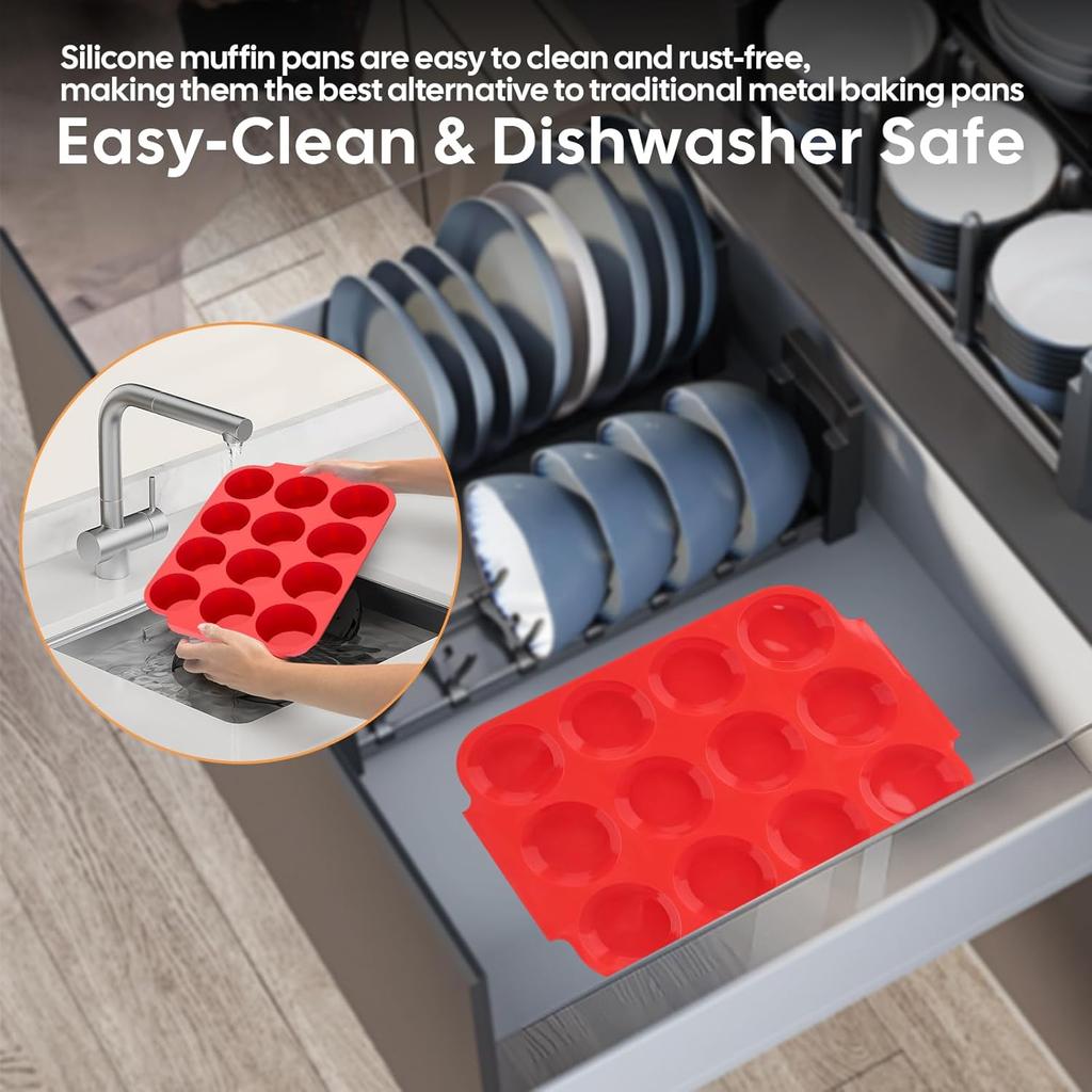 Silicone Muffin Pan for Baking - Premium 12-Cup Nonstick Muffin Pan, Easy Release & Clean, Dishwasher Safe Muffin Tray for Perfect Cupcakes, Muff &