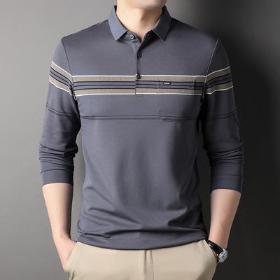 Papa-Kleidung Mittelalterliche Herren Langarm T-Shirt Lässig Revers Echte Tasche Dünnes Lockeres Poloshirt Herbst und Winter Unterziehshirt