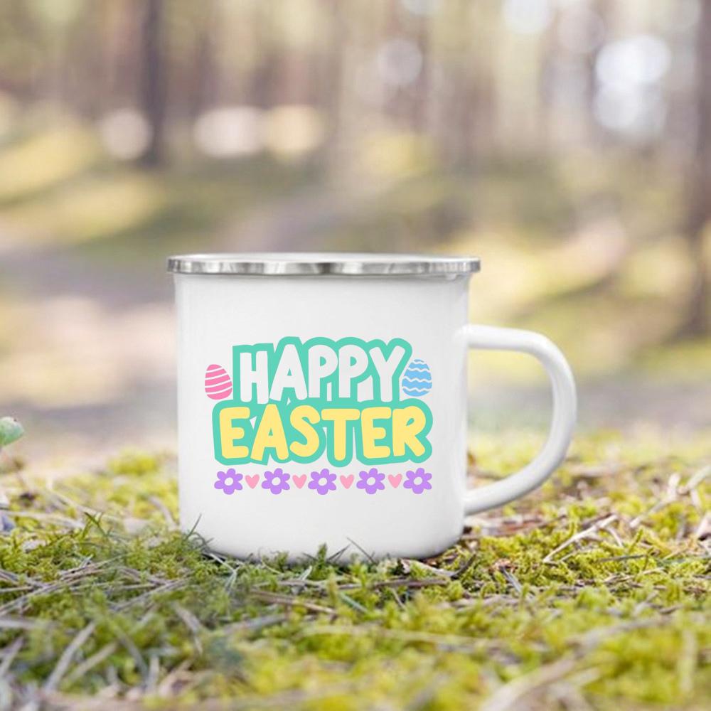 Cute Bunny Egg Print Cups Happy Easter Enamel Mugs Fall Easter Party Wine Juice Mug Dessert Cocoa Milk Handle Cup Gift for Child