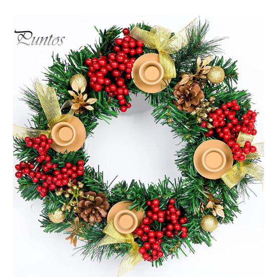 Christmas Wreath 12 Inch Reusable Artificial Pine Needle Wreath with 4 Candle Holders Christmas Wreath with Ribbon Pinecone Berries for Home