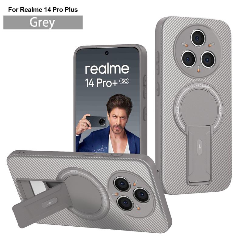 

Carbon Fiber Pattern Armor Phone Case For Realme 14 Pro + Plus 5G Cover Magnetic Wireless Chraging Fold Stand Back Fundas realme 14 5G