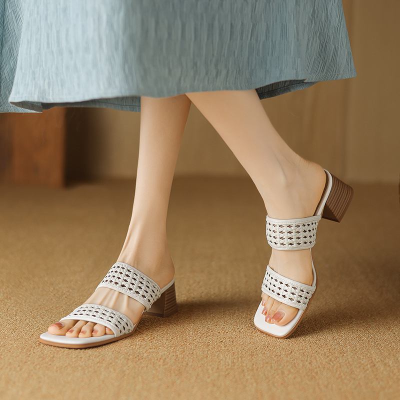 Krazing Pot Klapki z naturalnej skóry z odkrytymi palcami na średnim obcasie, buty letnie, dekoracja pleciona w stylu rzymskim, sandały damskie