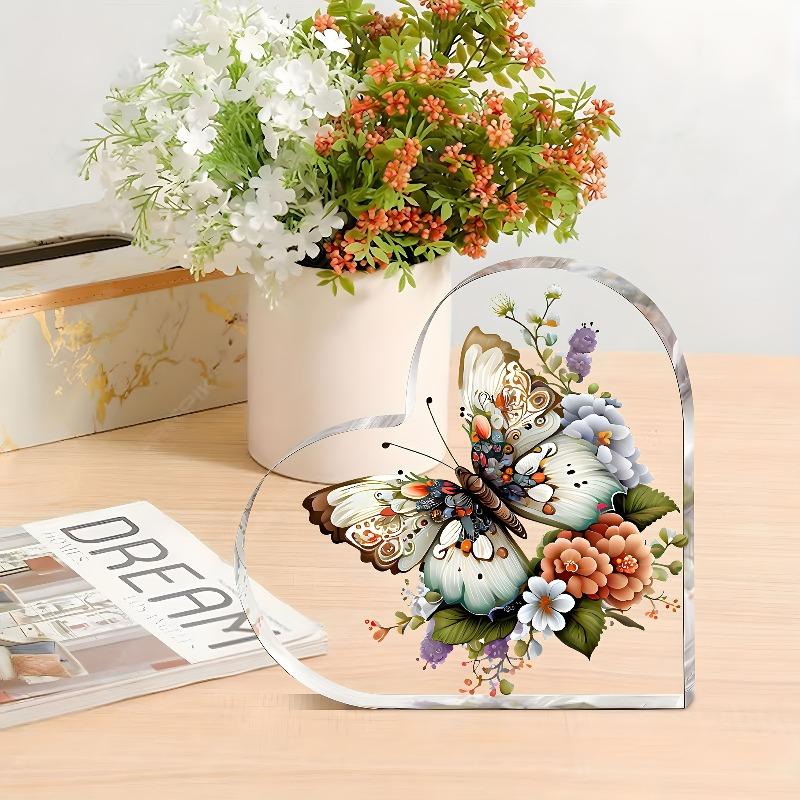 2D Flat Heart-Shaped Acrylic Butterfly Desktop Decoration, Floral Design, Suitable for wall Decoration, porch, Room, Villa, accents Home, Hallway, or