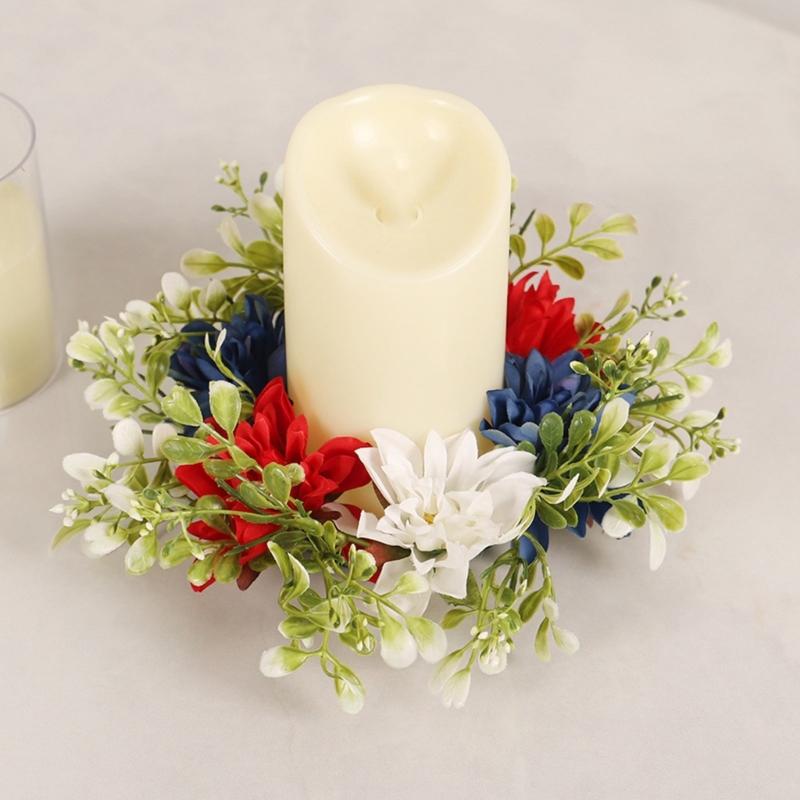Independence Day Candle Wreath Artificial Flower Wreath Decorative Candle Stand Rings for Patriotic Festival Celebration