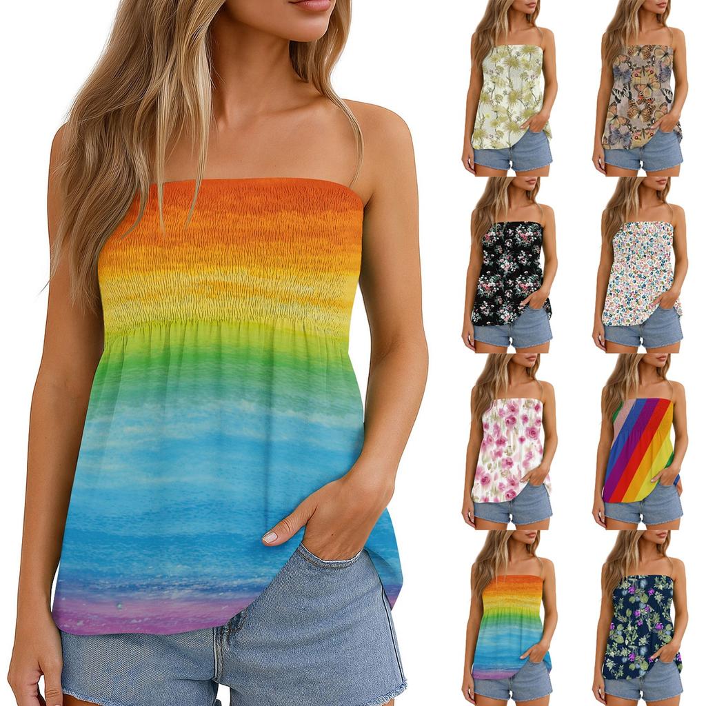 Damskie Topy Eleganckie Casualowe Bluzki Bez Rękawów Top Tube Dla Kobiet, Uroczy Seksowny T-shirt Bez Rękawów z Nadrukiem Odkrywający Ramiona
