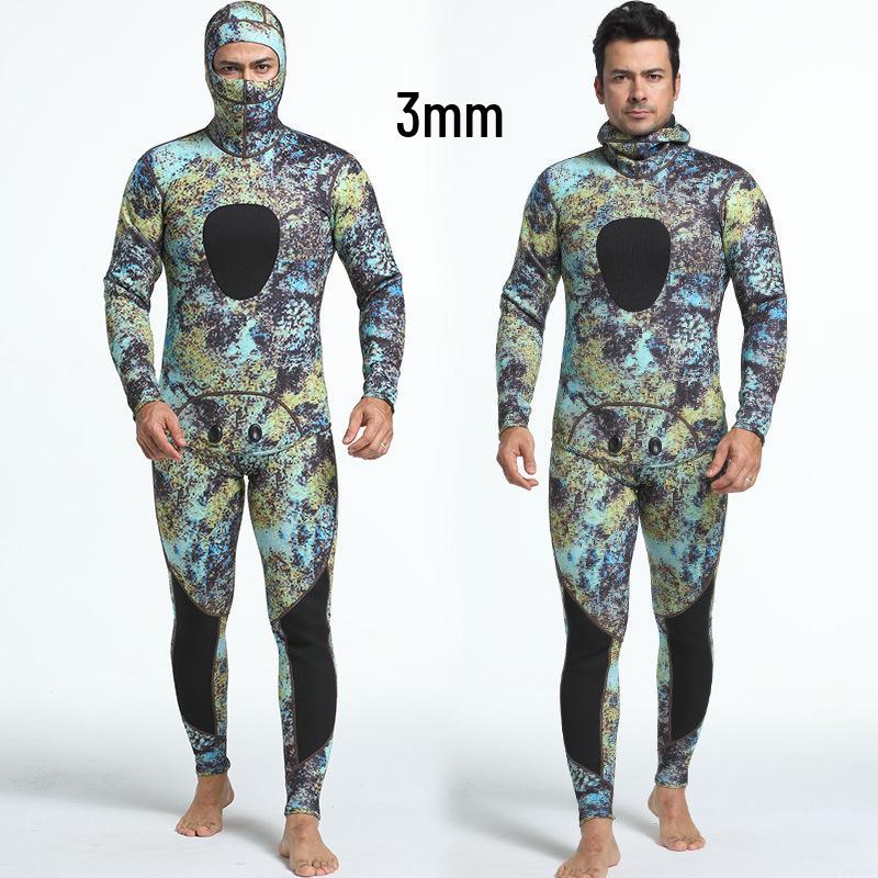 Kamuflážový 3mm potápěčský a spearfishingový neopren s kapucí - Chladuvzdorný a teplý jednodílný oblek pro freediving a lov