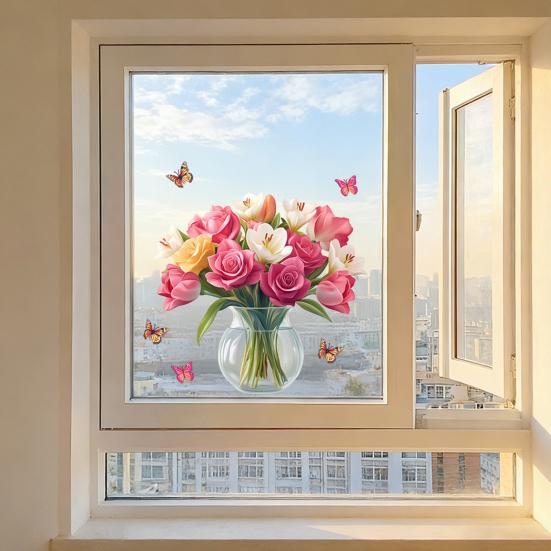 Spring Summer Flowers Window Clings Double Sided Tulip/Rose/Wildflowers in Vase Decals Anti-Collision Glass Door Stickers