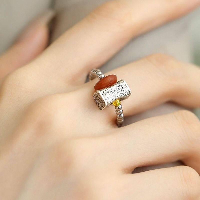 925 Sterling Silver Persimmon Tōtō Ring with Beeswax Elastic Cord: Retro Round Sky Square In New Chinese Style for Safety and Good Fortune