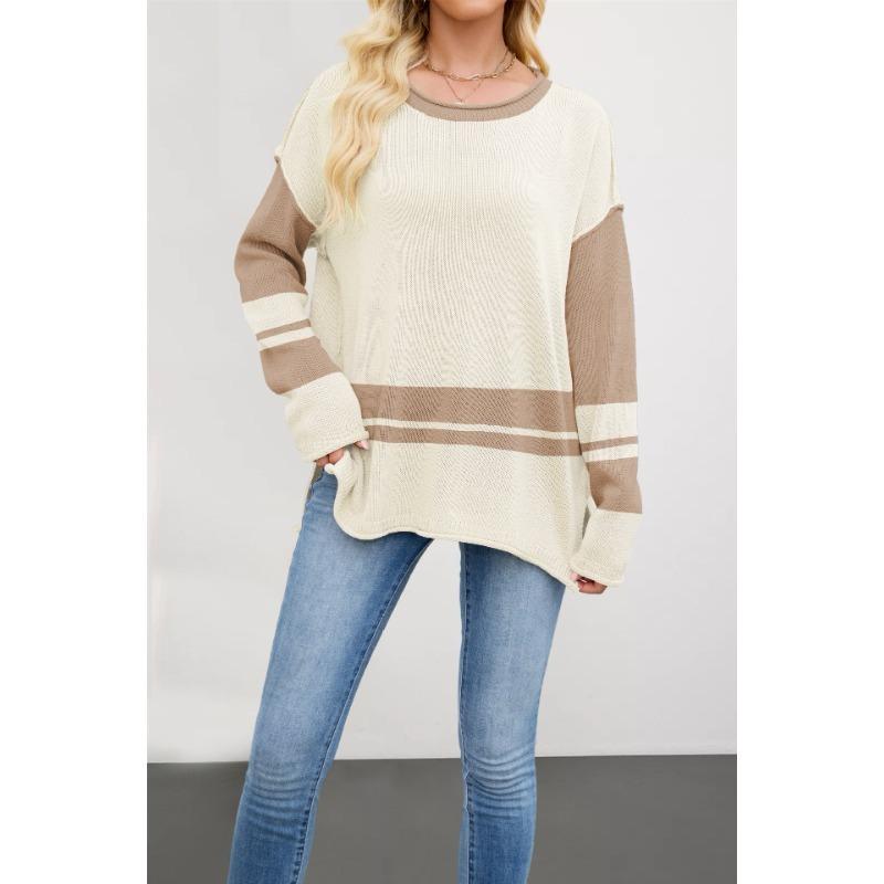 Women's Fashion Casual Fall Winter Colour Block Print Long Sleeve O-Neck Tops Women's Clothing Woolen Knitwear Sweaters