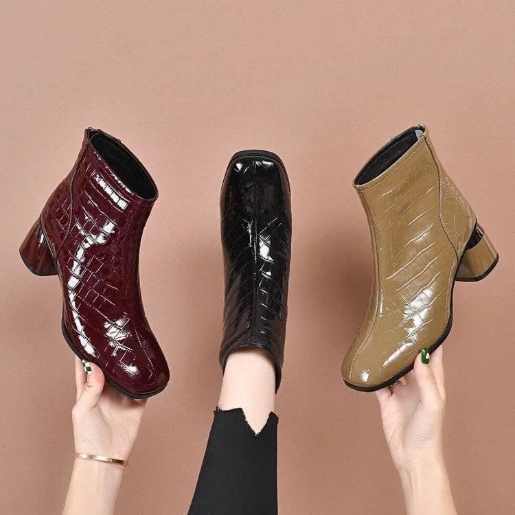 Women's Patent Leather Chunky Heel Ankle Boots - French-Style Bestseller