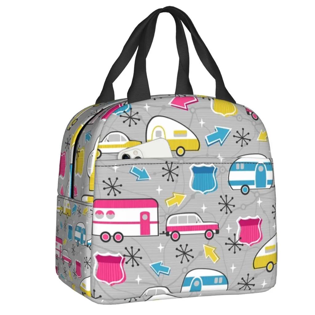 Colourful Vintage Caravans And Flowers Pattern Thermal Insulated Lunch Bags Women Happy Campers Portable Lunch Tote Food Box