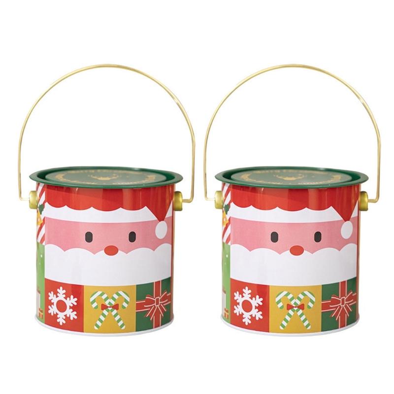 Pack Of 2 Christmas Treat Boxes with Handle Handheld Round Bucket Tinplate Sweets Cookie Container for Party Use