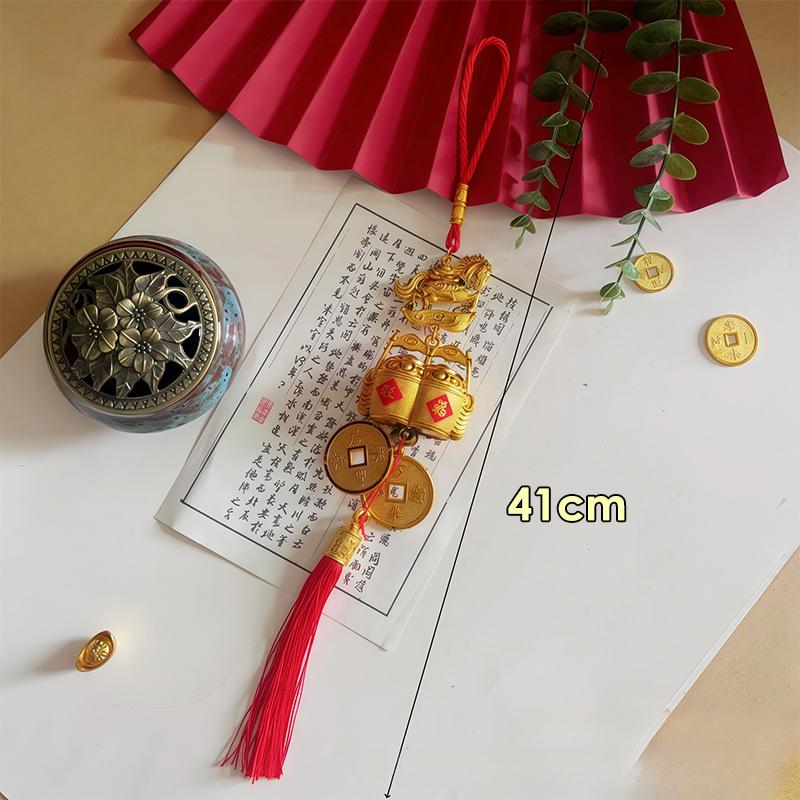 Chinese New Year Gold Color Plastic Horse Pendant Long Red Tassel Ornaments For Car Home Decor Lucky Charm Hanging Decoration