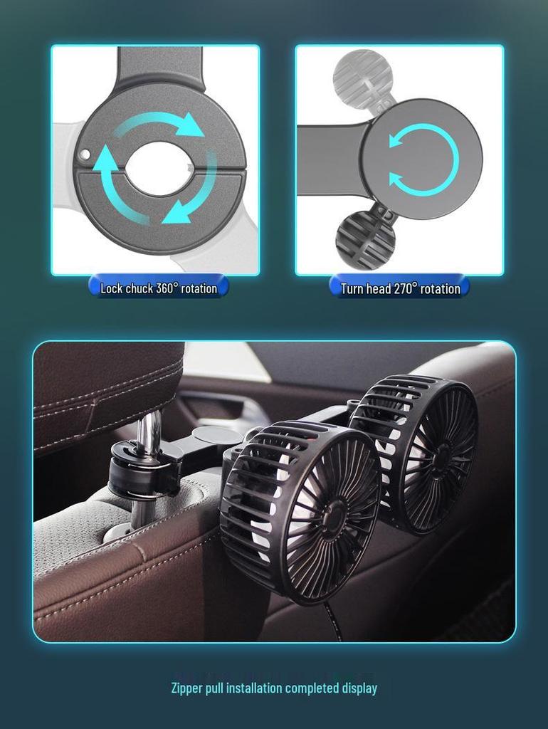 Adjustable Dual Head 12V/24V Rear Seat Car Fan – High Power Wind