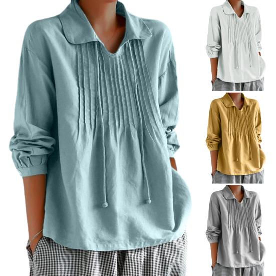 Women Spring Shirt Turn-down Collar Tassel Solid Color Loose Soft Pleated Pullover Casual Breathable Lady Daily Top