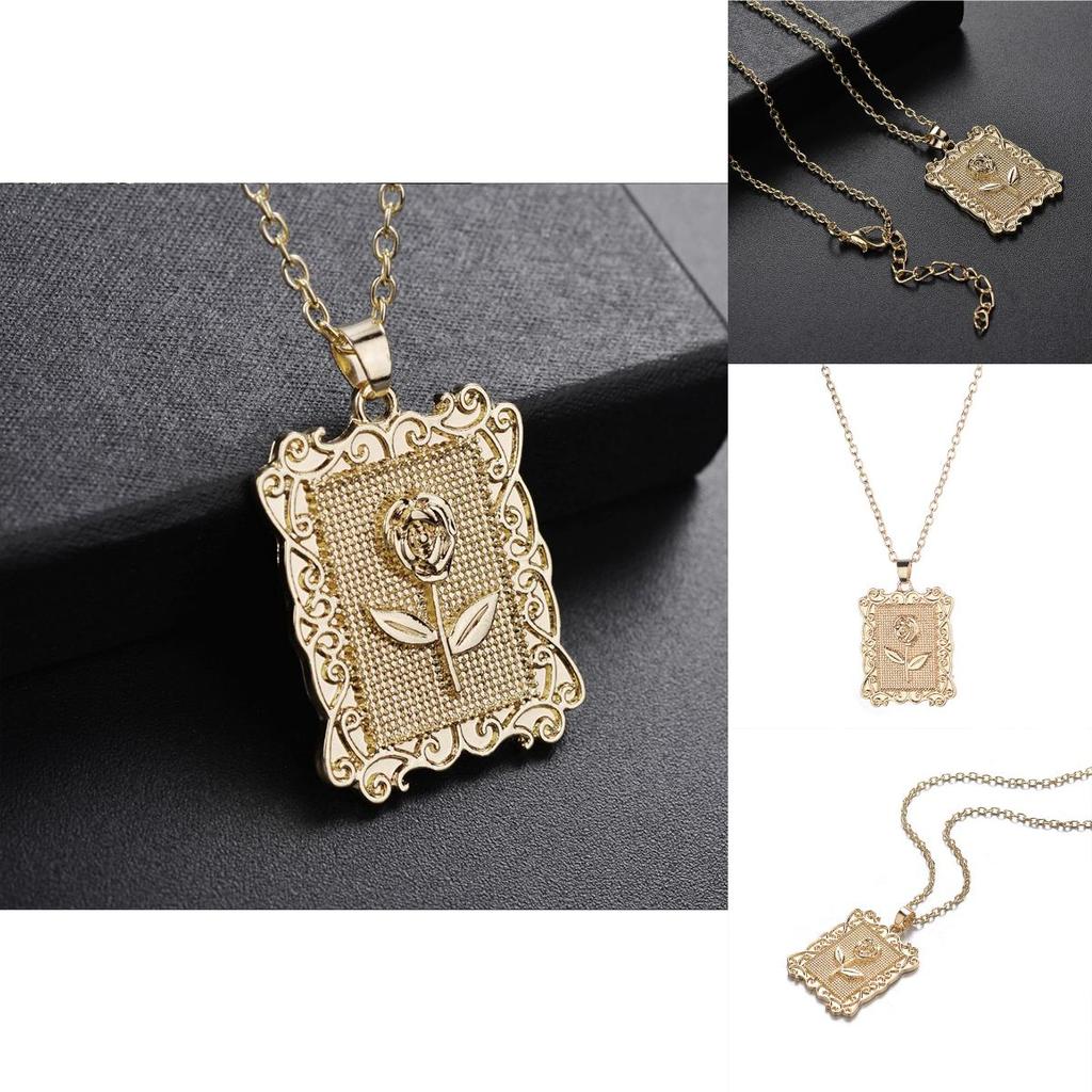 Pozlacený Pop Geometrický Čtvercový Růžový Květ Řetízek na Klíční Kost Svetrový Řetízek Elegantní Šperky Pro Ženy