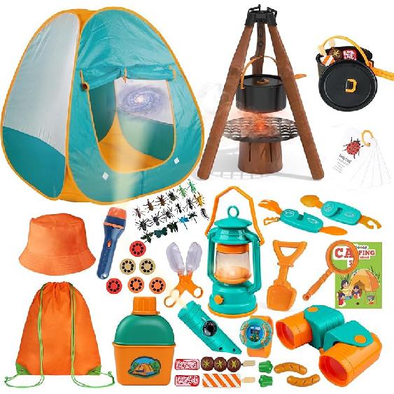 Kids Camping Set 50pcs with Tent & Space Projector Flashlight- Outdoor Campfire Toy Set for Toddlers Kids - Pretend Play Camp Gear Tools for Birthday