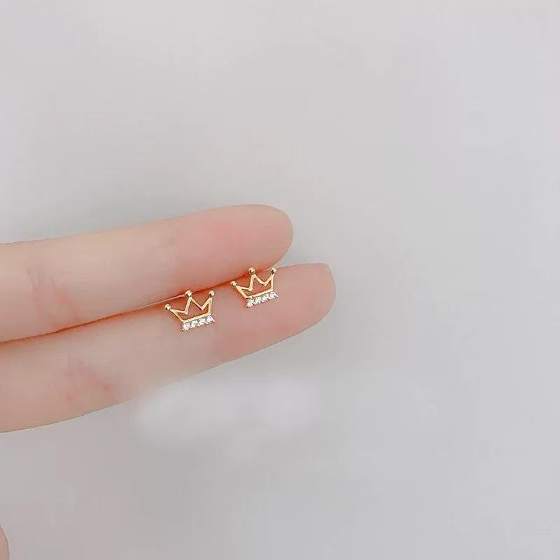 S925 Sterling Silver Korean-Style Diamond-Inlaid Cute Crown Stud Earrings for Women