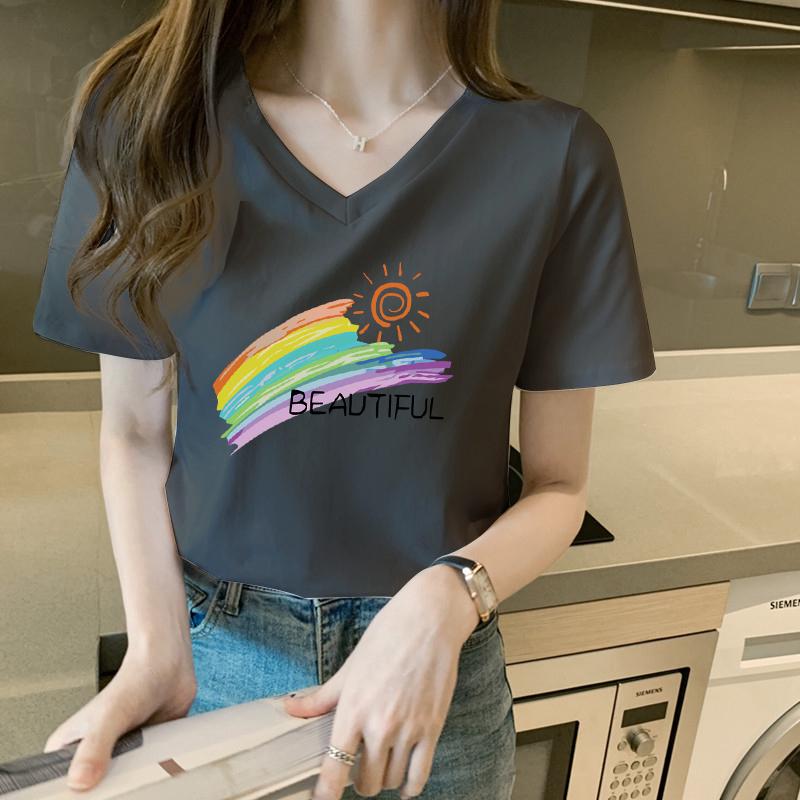 

2025 European Style Women s Rainbow V-neck Short Sleeve Pure Cotton Slimming White T-shirt M темно-серого