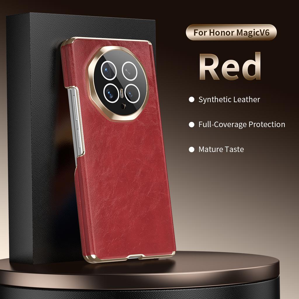 Premium Oil Wax Texture Leather Case for Honor Magic V6 Dual-Axis Hinge All-Inclusive Lens Protection Invisible Ring Stand Cover