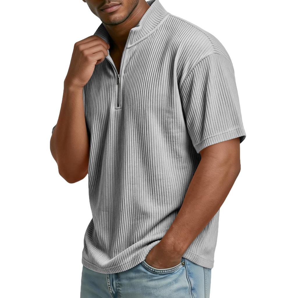 Pánské tričko s polovičním zipem, Krátkoruká manšestrová košile, Letní volný ležérní barevný top