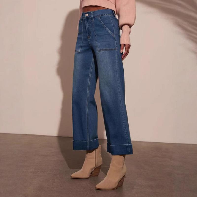 Women High Waist Denim Jeans Rdetro Washed Stretch Baggy Jeans Ladies Straight Pants