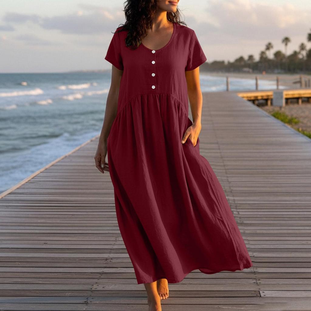 Women's Fashionable Color Cotton And Linen Round Neck Short Sleeved Pocket Casual Loose Beach Vacation Dress