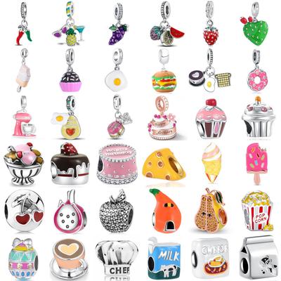 Nuevo Cobre Colorido Fruta Pastel de Cumpleaños Leche Hamburguesa Chile Colgante Encanto Cuentas Aptas Para Pulsera Original Diy Joyería Para Mujer