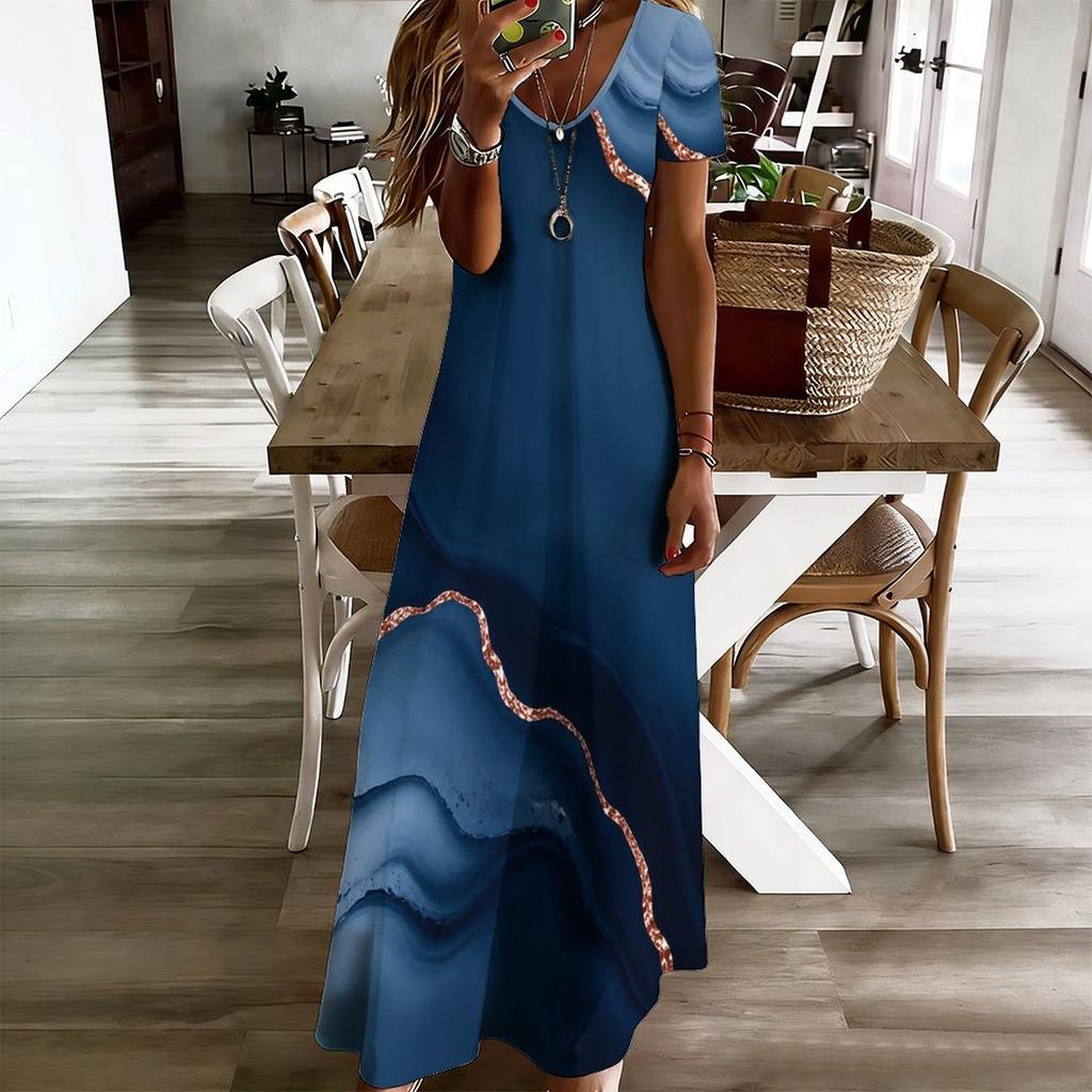 Women Plus Size V Neck Short Sleeve Printed Blue Straight Maxi Dress