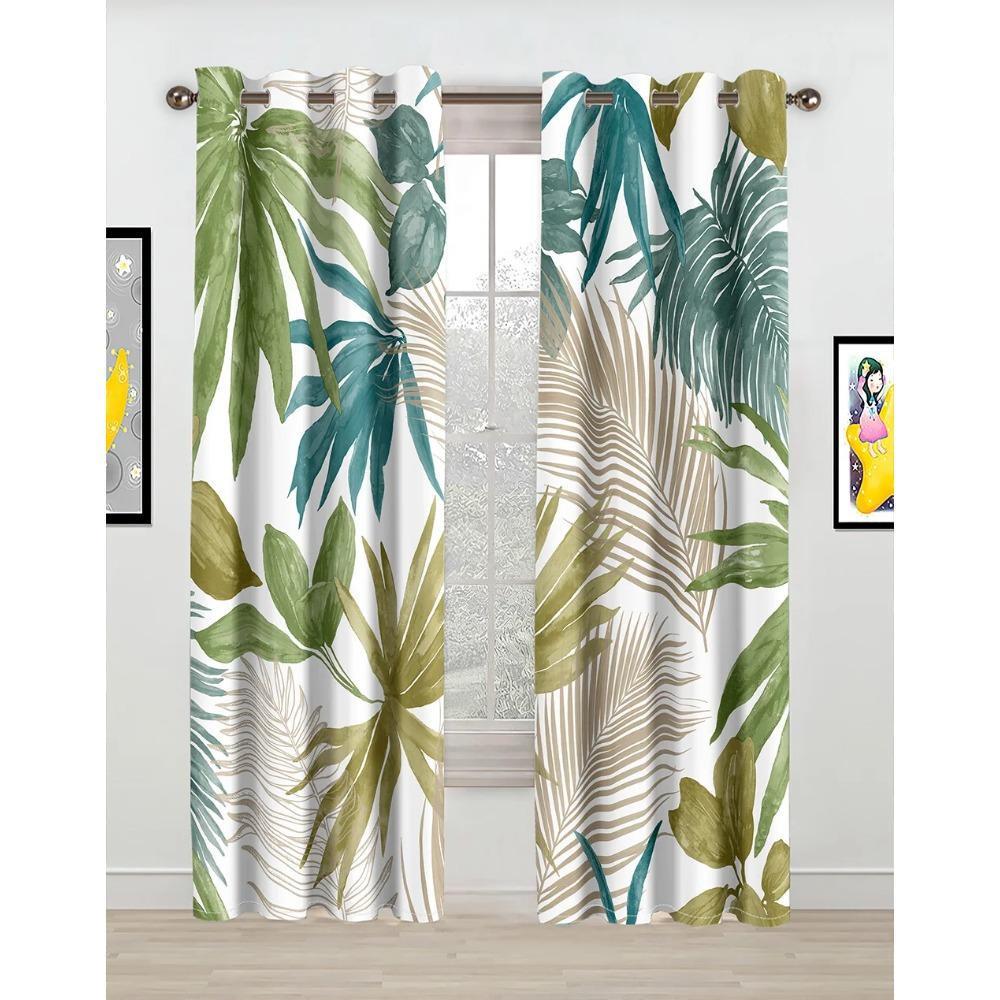 2pcs Tropical Leaf Curtain Green And White Plant Palm Summer Hawaiian Watercolor Plant Banana Tree Natural Print Curtain Bedroom