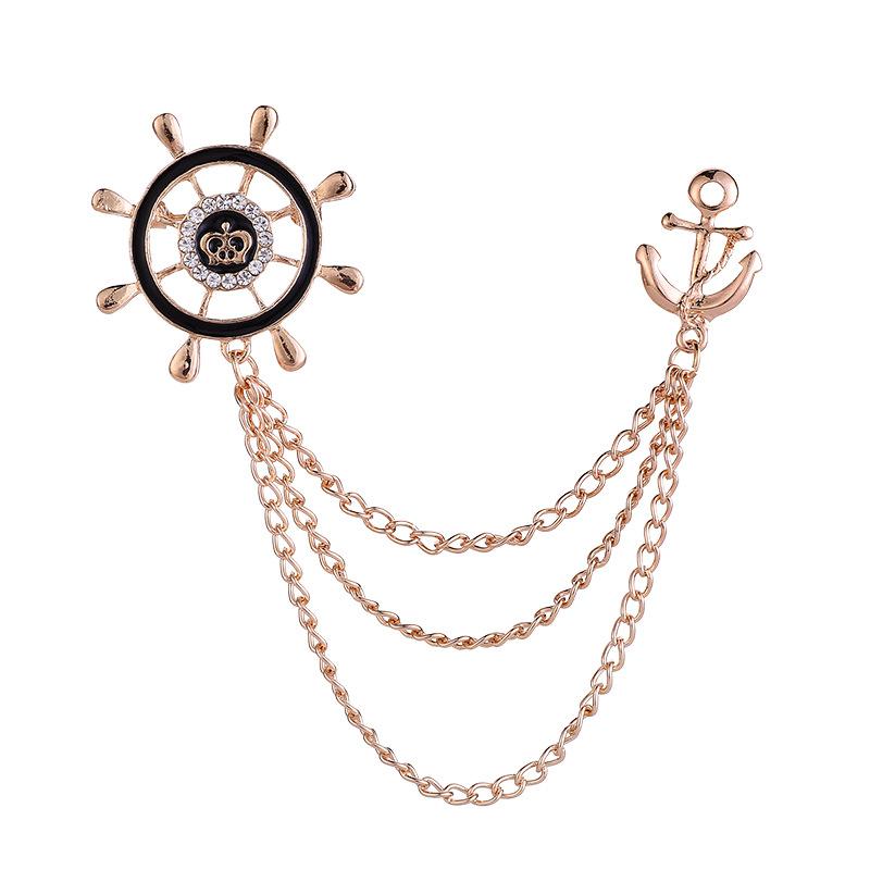 1PCS Rudder Anchor Brooches Luxulry Fashion Men Tassel Chain Zircon Suit Shirt Badge Brooches Jewelry Accessories Gifts