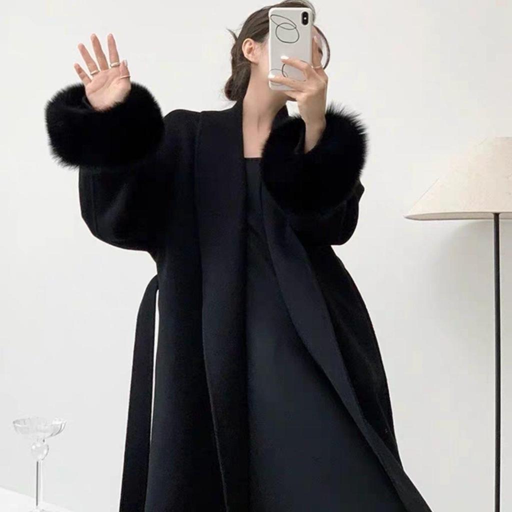 Damen 2025 Winter Schwarz Faux Fur Kaschmirwolle Mantel - Petite Doubleface Trench