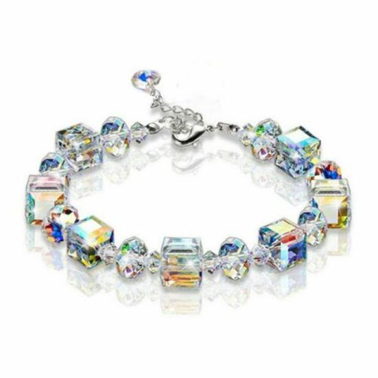 Damen-Armband mit Kunstwürfel-Quarzperlen, verstellbar, transparent, Schmuck, Geschenk