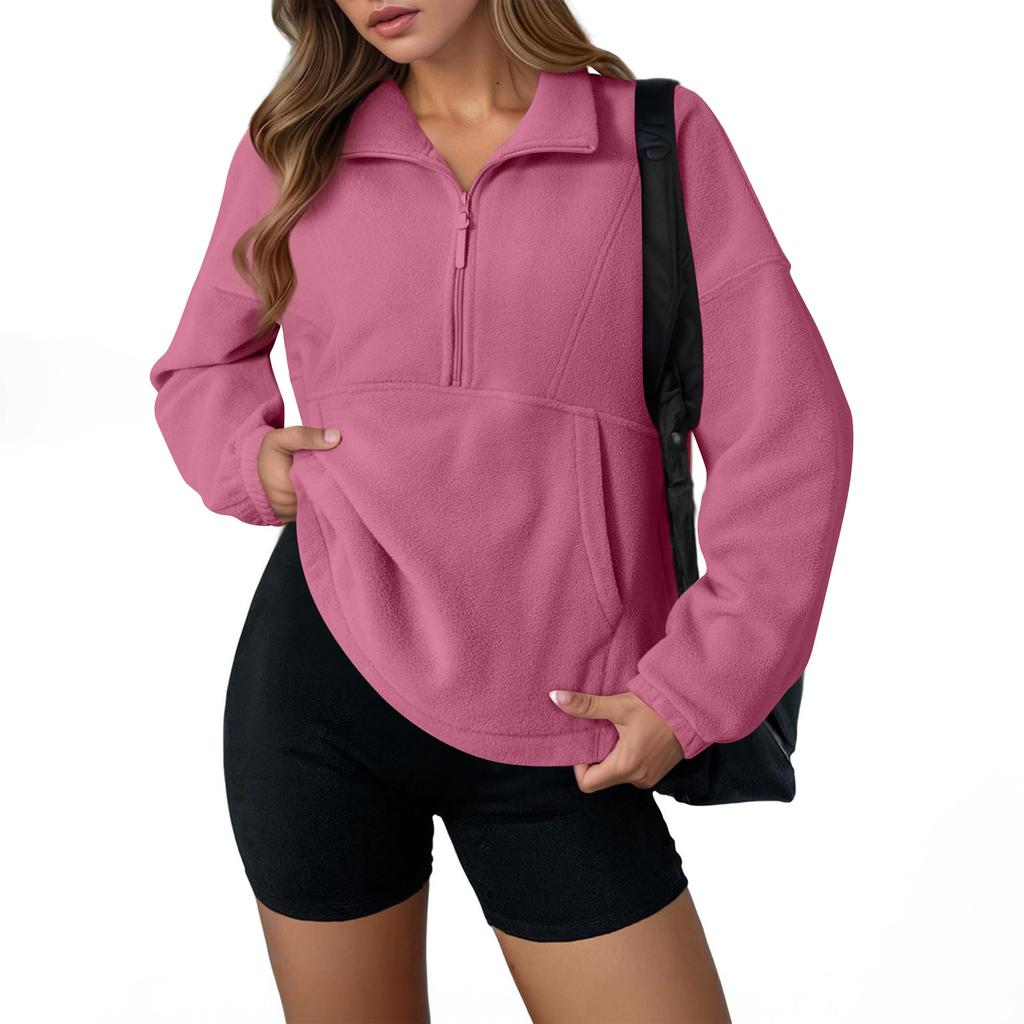 Sportlicher Damen-Fleece-Pullover mit halbem Reißverschluss, modisches lockeres langärmeliges Street-Sweatshirt-Oberteil