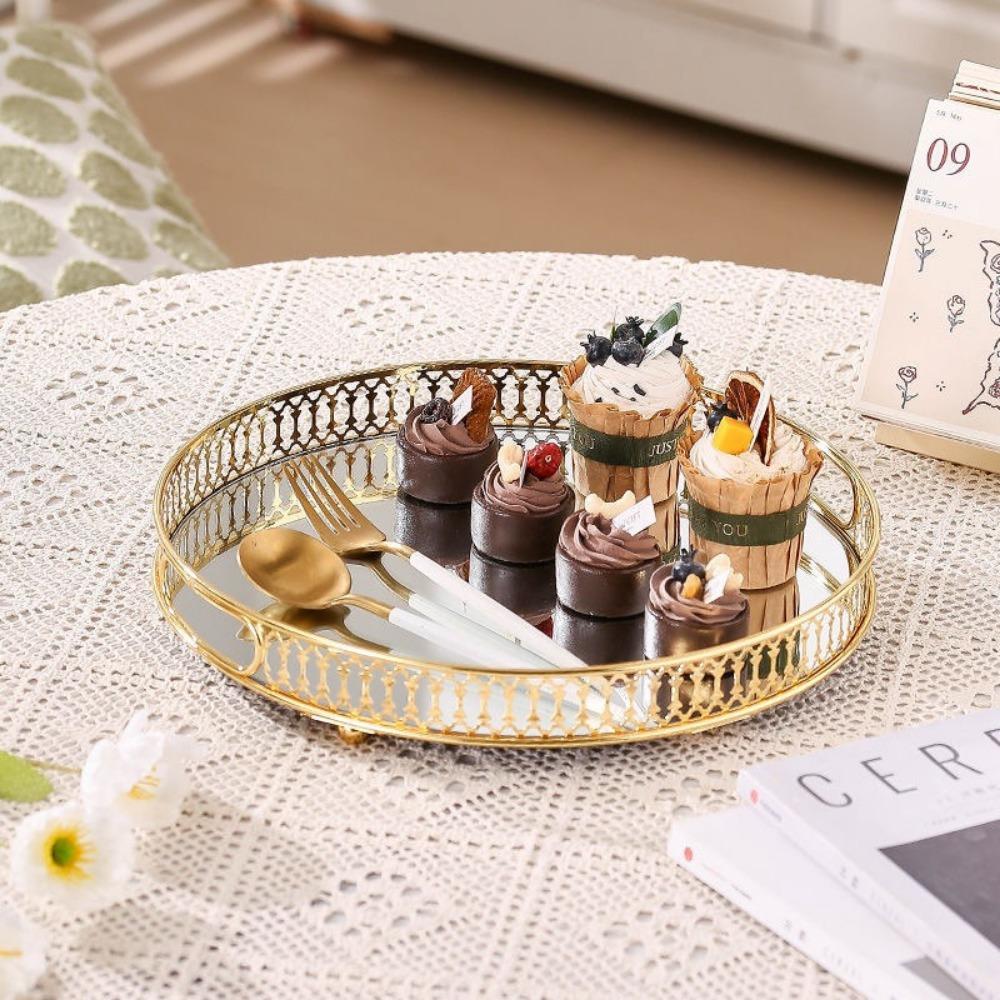 Gold Metal Jewelry Tray Round Makeup Snack Tray European Mirror Storage Tray Bedroom Living Room