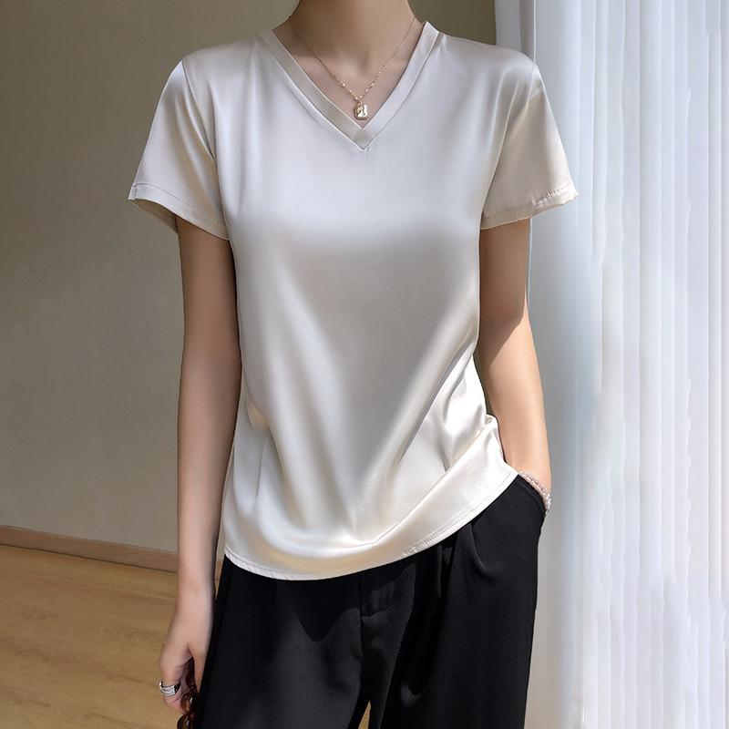 Silk T-shirt for Women Spring and Summer Short Loose V-neck Solid Colour Texture Simple Inner Short-sleeved Top