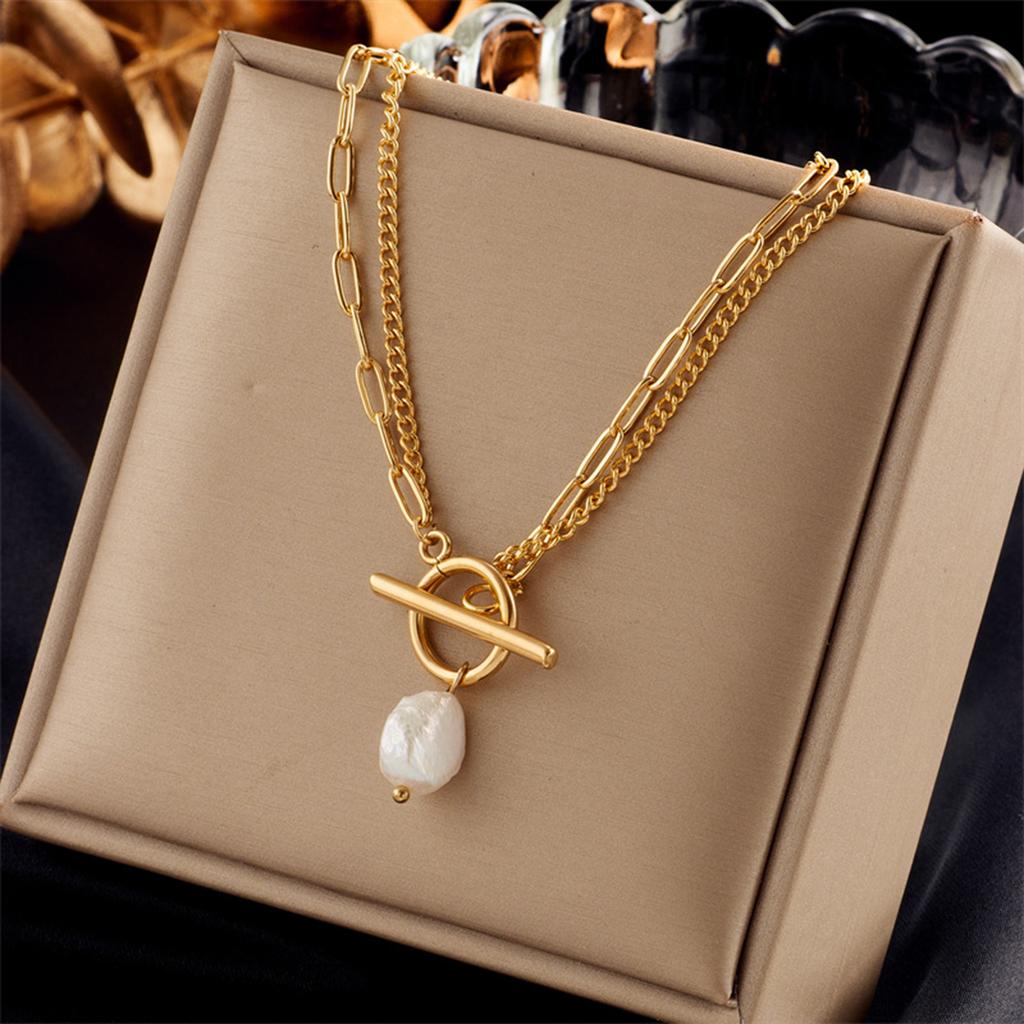 Elegant Baroque Freshwater Pearl Pendant Necklace Double Chain Design Stainless Steel Jewelry Gift For Women