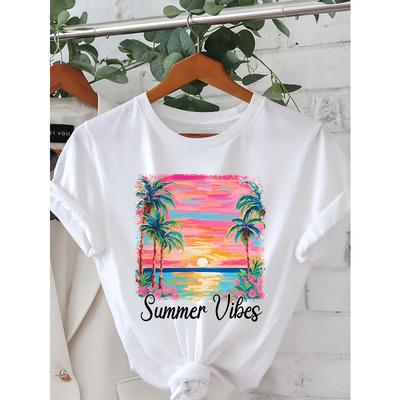 Damen Kurzarm-T-Shirt in europäischer Größe, Weiß, Sommer-Look mit Palmen-Sonnenuntergangsmotiv