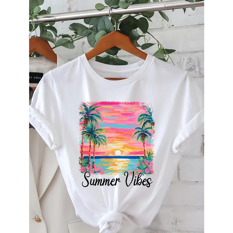 

European size Women Short Sleeve T Shirt White Summer Vibes Palm Tree Sunset Print 4XL білий