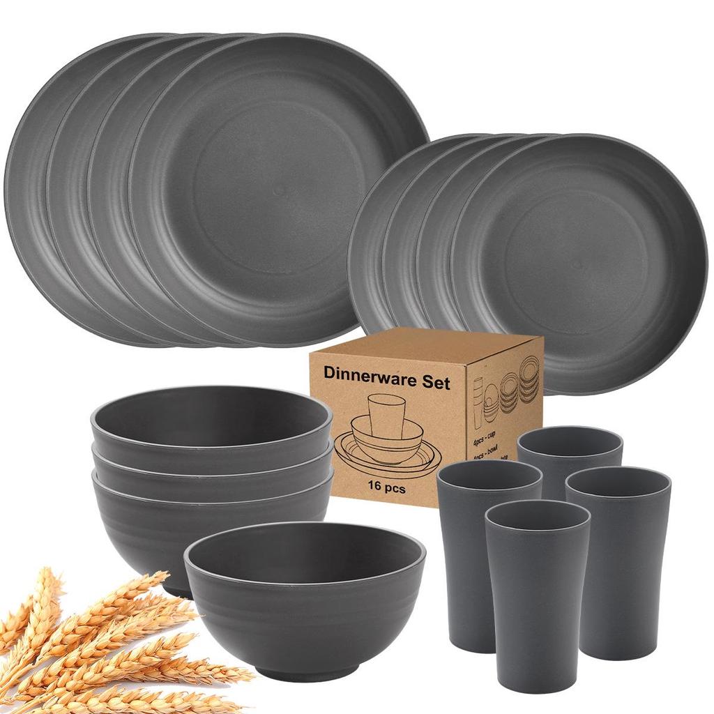 Eco-Friendly Wheat Straw 24-Piece Dinnerware Set: Plates, Bowls, Cups & Cutlery