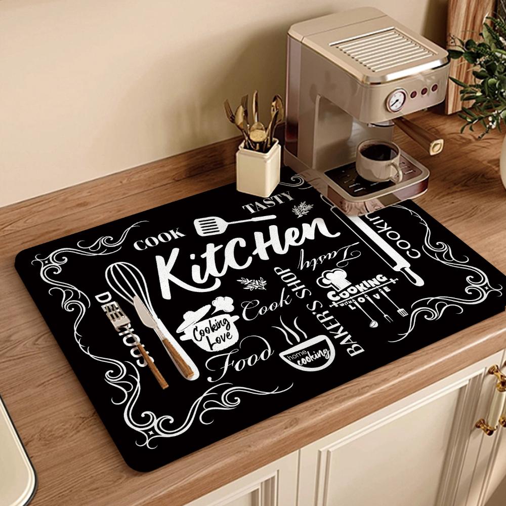 1pcs Coffee Cup Drying Mat Cartoon Black Non-slip Absorbent Mat Diatoms Tableware Kitchen Counter Drain Mat Coffee Bar Drain Mat