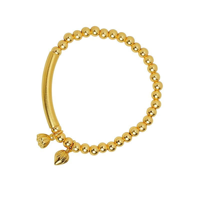 Luxury 24K 9999 Pure Gold Real Gold Curved Tube Round Bead Bracelet Women's Vintage Lotus Seed Bracelet