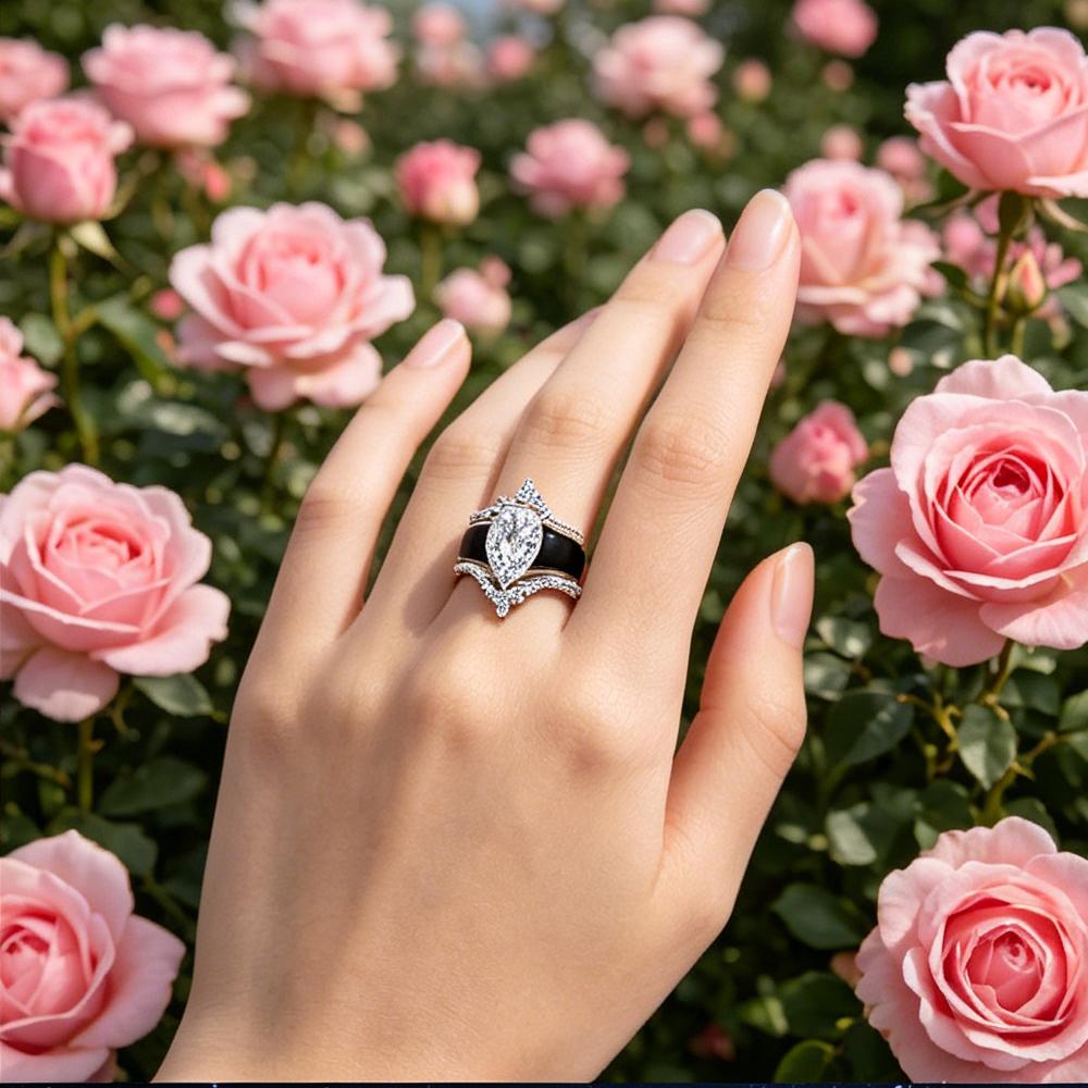 Black Silicone Crown Wedding Ring Set Pear Cut Zircon S Stackable Engagement Band for Women Bridal Gift Jewelry