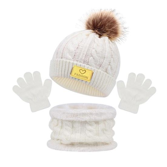 3Pcs/Set Kids Winter Hat Scarf Gloves Set Plush Ball Decor Twist Texture Brimless Hat Knitting Gloves Fleece Lining Neck Gaiter Set