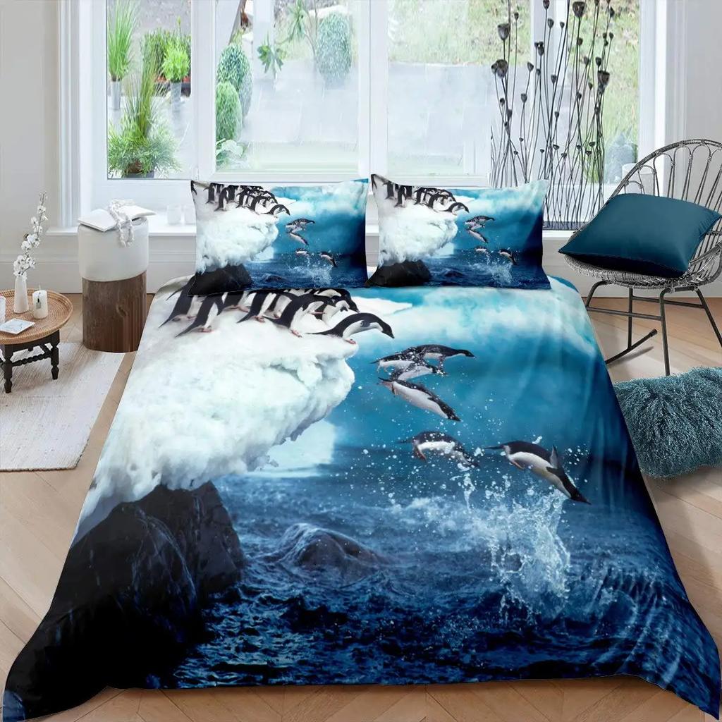 Comforter Penguin Comforter Kawaii Animal Print Black White Little Penguin Blue Iceberg Antarctica Winter Bedding Set
