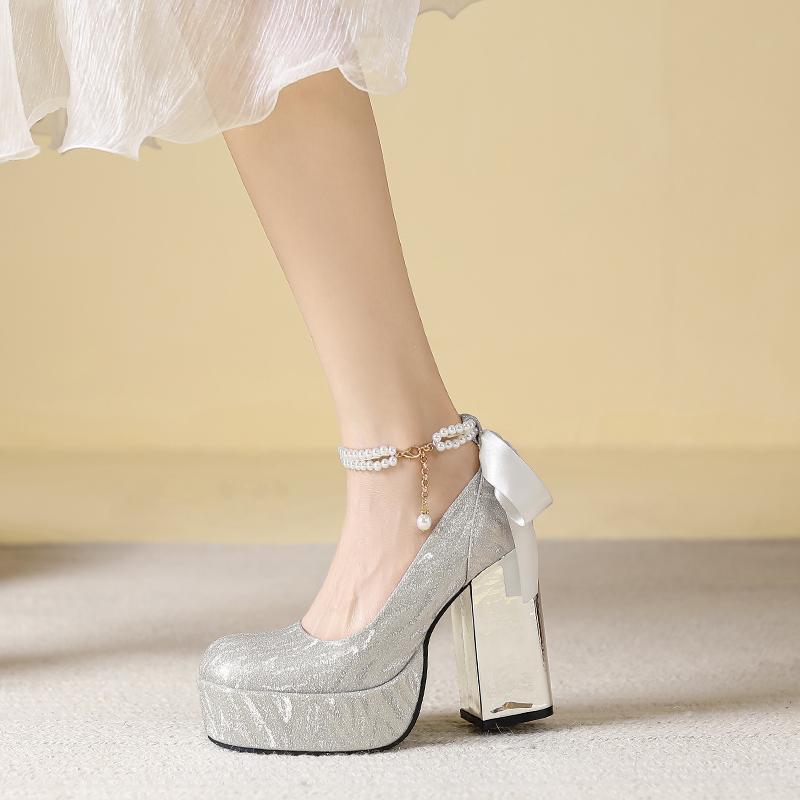 2025 French Silver Platform Non-slip Mary Jane High Heels Women's Chunky Wedding Shoes Bride Shoes Small Line with Single Shoes