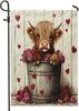 Highland Cows Garden Ags 12x18 Inch Double Sided for Outside, Valentine's Day Wood Roses Burlap Lawn Ags, Animal Bac F IIC